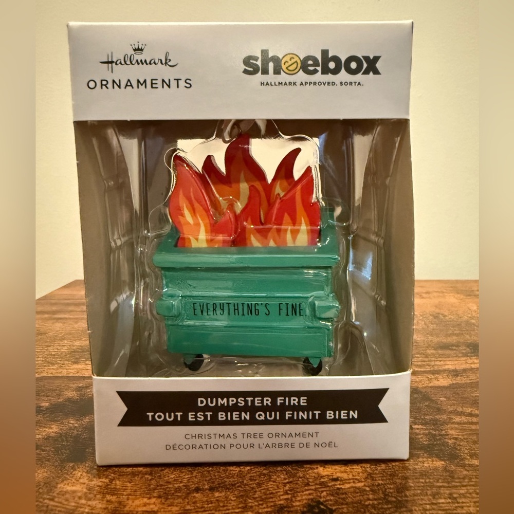 Hallmark 2024 Everything’s Fine Dumpster Fire Shoe Box Ornament -New